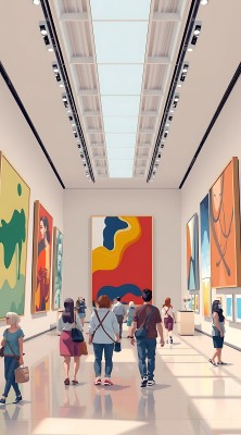 艺术馆内色彩斑斓画作与参观者共赏