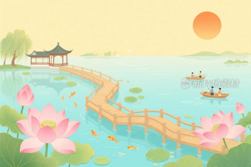 古风湖景山水插画