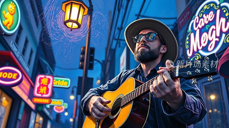 街头吉他手霓虹灯下的音乐梦想