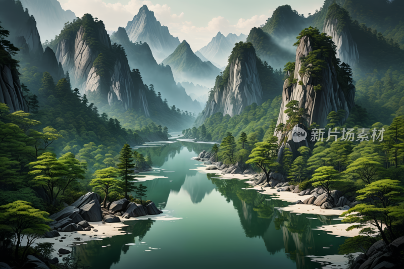 一条山河有几棵树和几块岩石风景插画图片