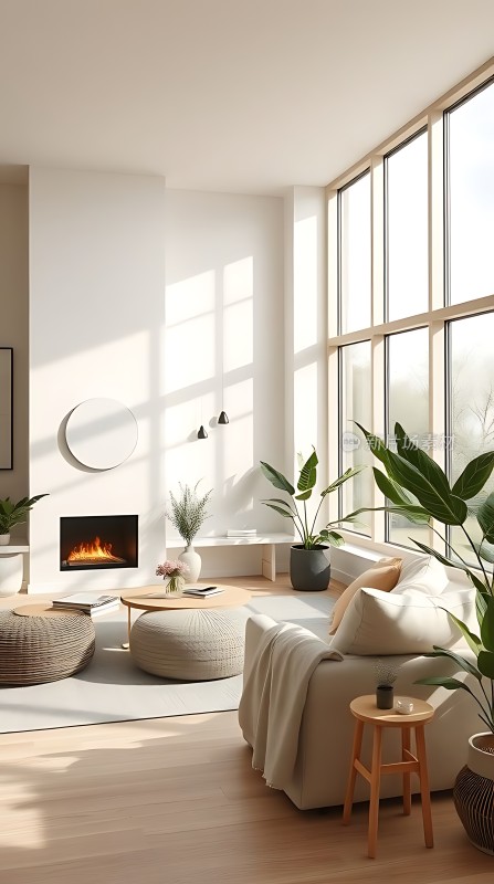 阳光洒满现代简约客厅绿植环绕温馨壁炉