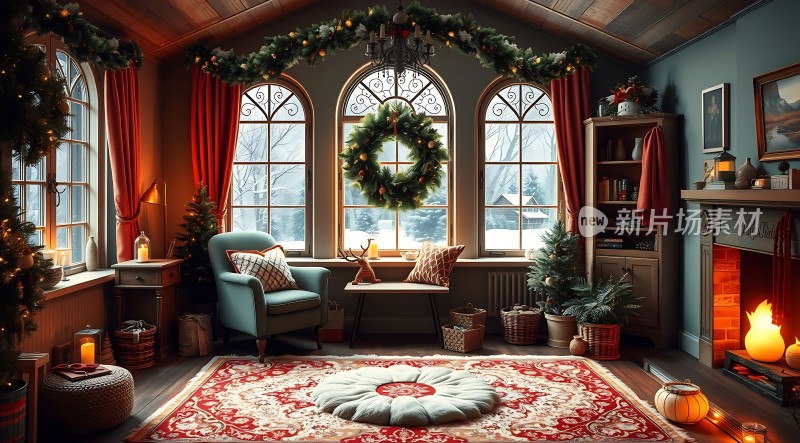 温馨圣诞之家火炉旁的节日氛围