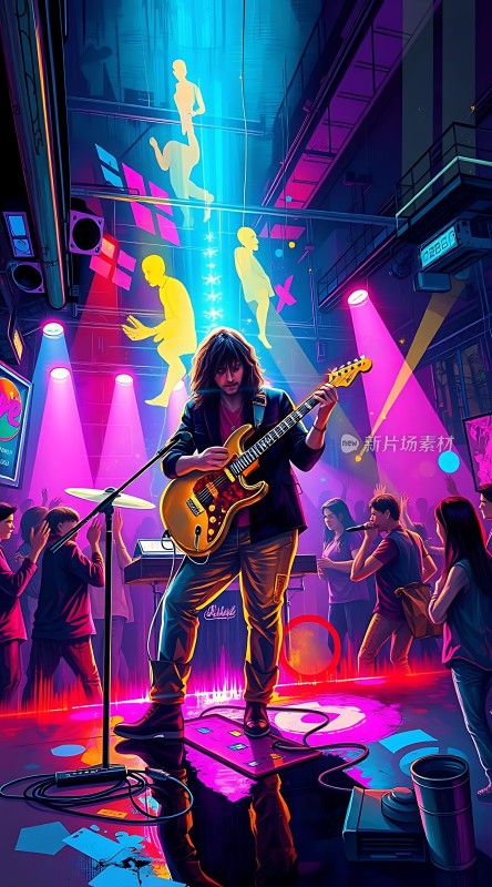 摇滚之夜舞台上的吉他手与活力四射的人群