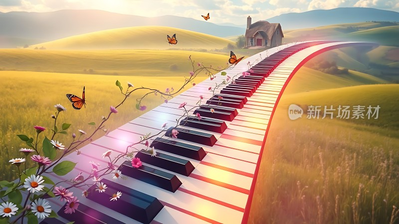 钢琴键上的花与蝶