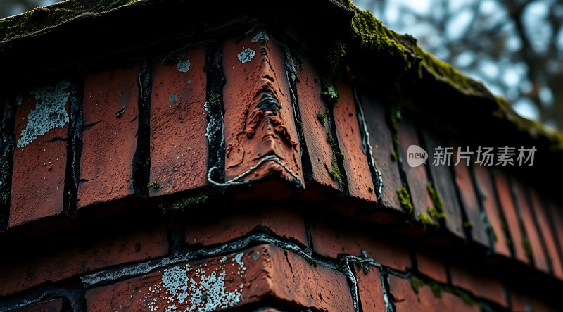 红砖墙角上的苔藓