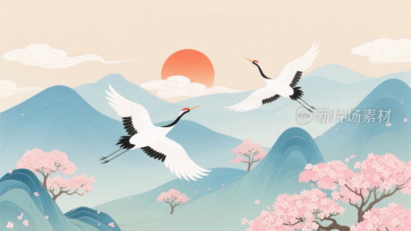 双鹤于山水间飞翔