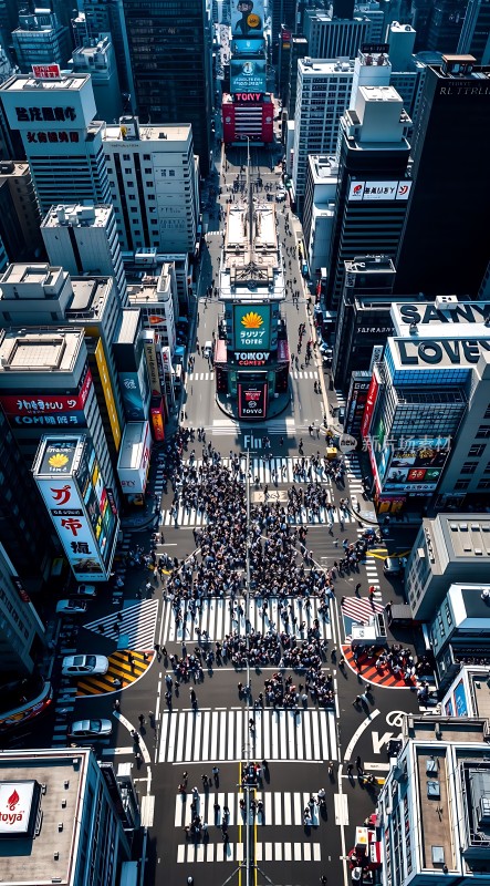 繁华都市街头人群熙攘高楼林立广告牌琳琅满目