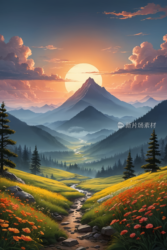 有溪流流过山地风景高清插图片