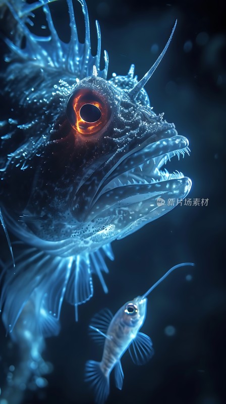 深海怪鱼发光的眼睛与锋利牙齿