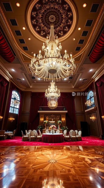 豪华宴会厅璀璨吊灯与红毯映衬下的优雅氛围