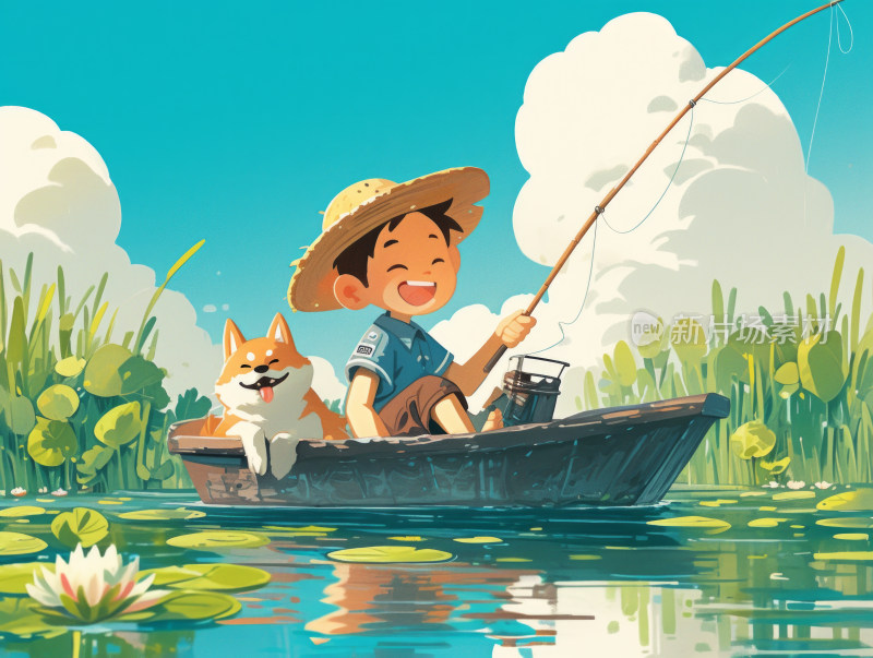 卡通插画孩子和小狗在船上钓鱼