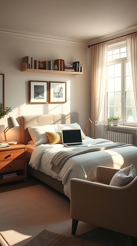 阳光洒满温馨卧室舒适床铺与自然光线完美融合