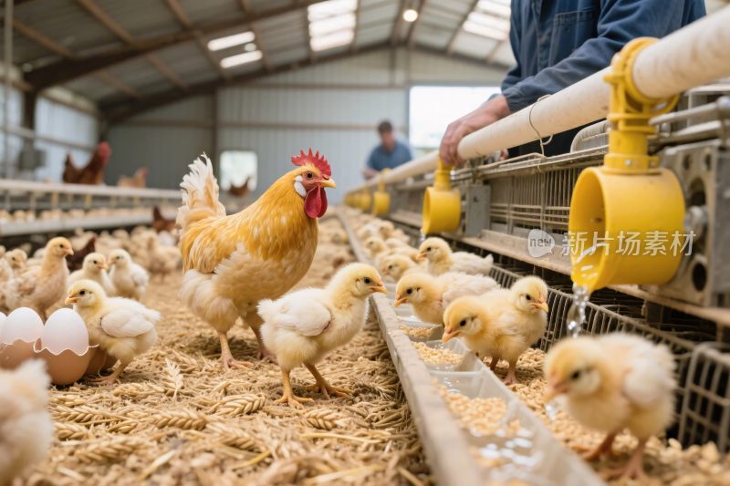 养殖场内鸡群喂食场景