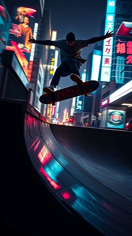 滑板少年飞跃夜色霓虹