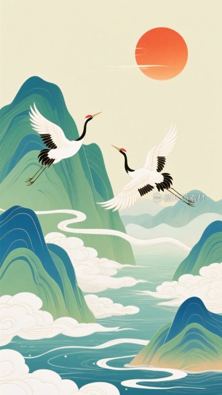 双鹤于山水间飞翔