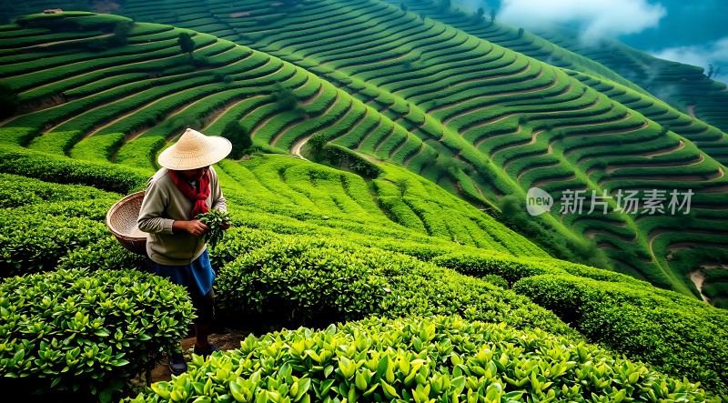 梯田采茶人