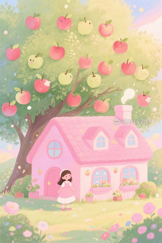 粉色童话小屋与苹果树