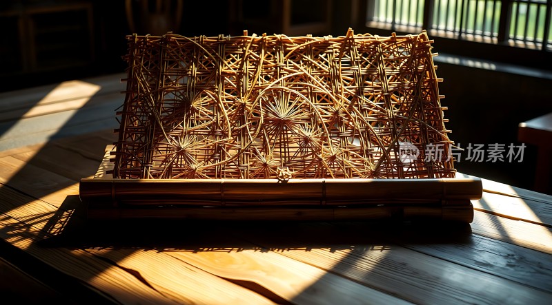 阳光下的竹编书架