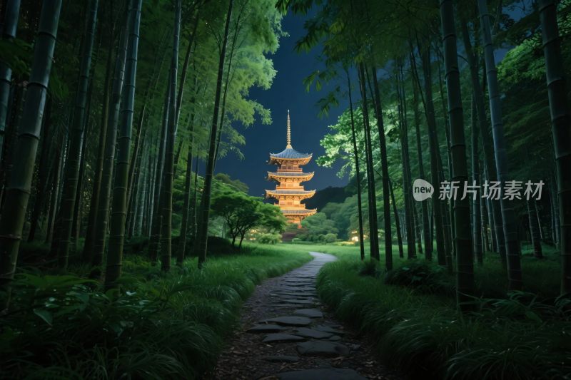 竹林古塔夜景