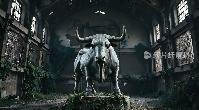 废弃建筑中的牛雕像