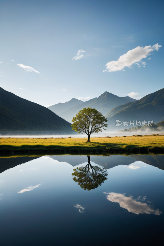 湖中央一棵孤树高清风景图片