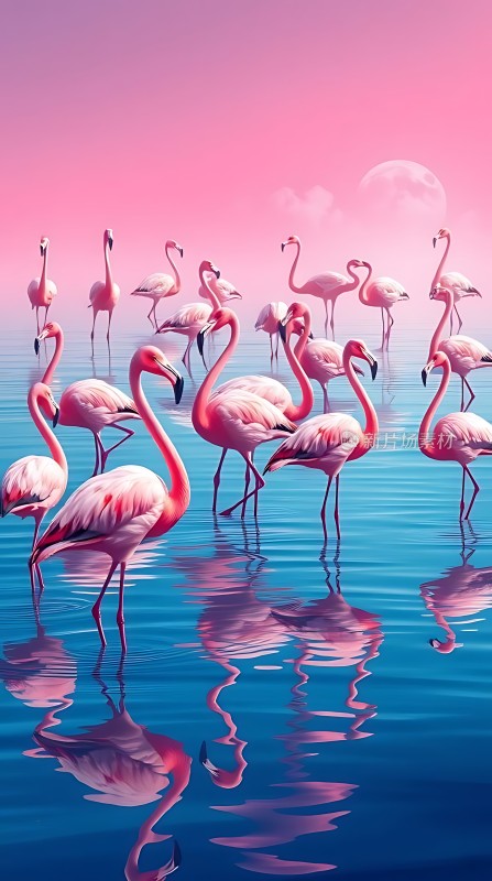 粉红火烈鸟在蓝色水面上优雅起舞