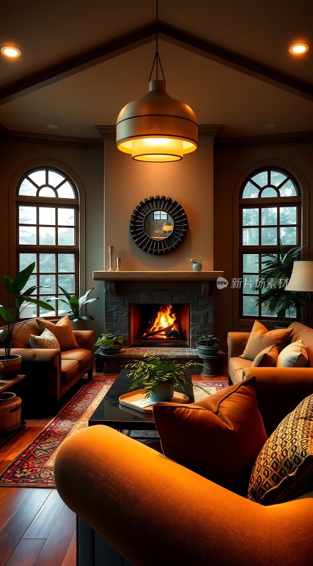 温馨壁炉客厅舒适沙发与绿植营造宁静氛围