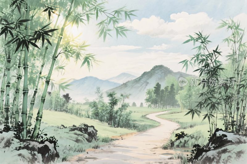 竹林山间小道风景画
