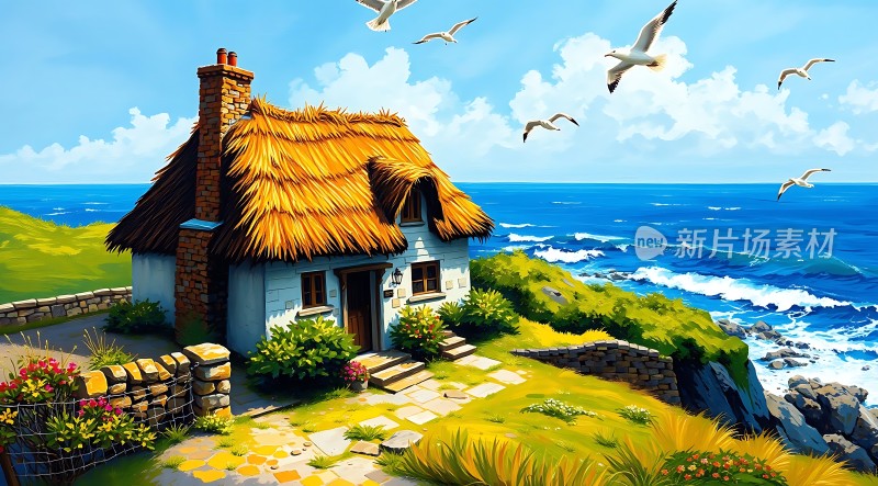 海边小屋与飞翔的海鸥