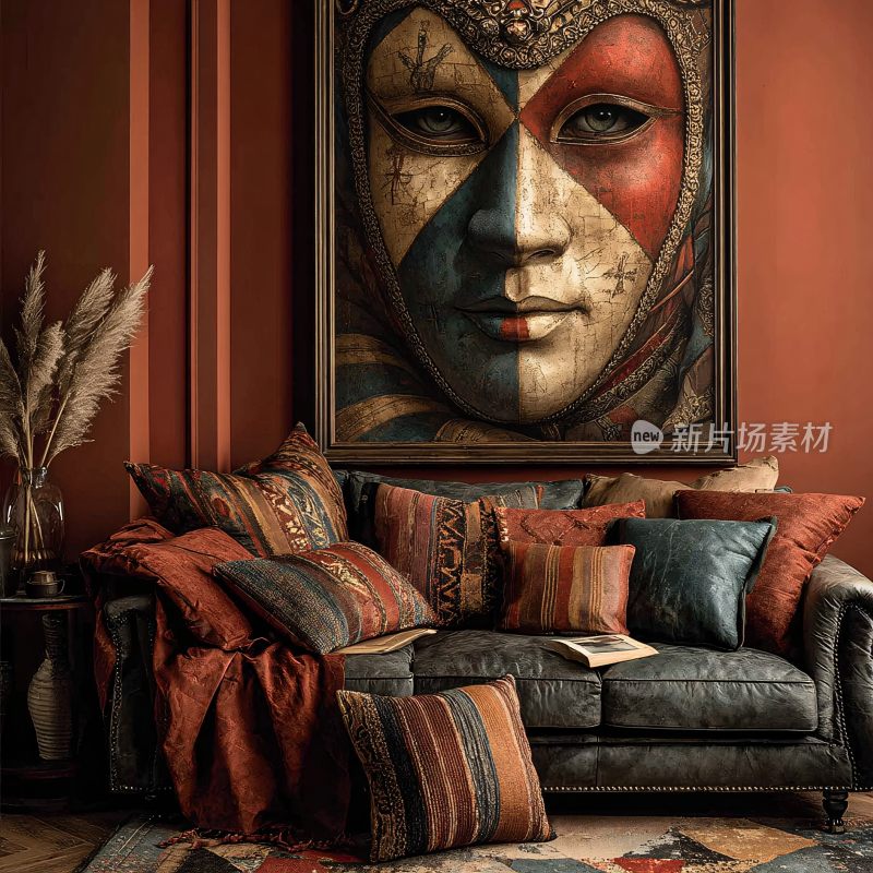 装饰有面具挂画的温馨客厅