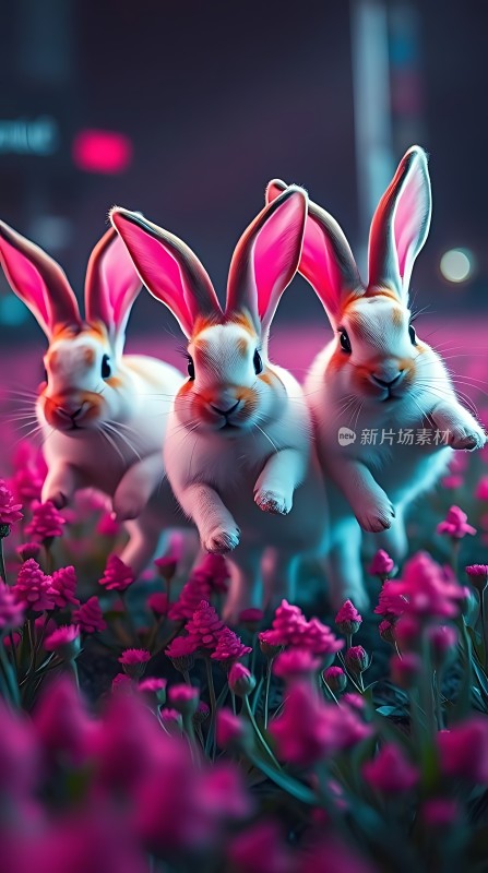 三只兔子在花丛中奔跑