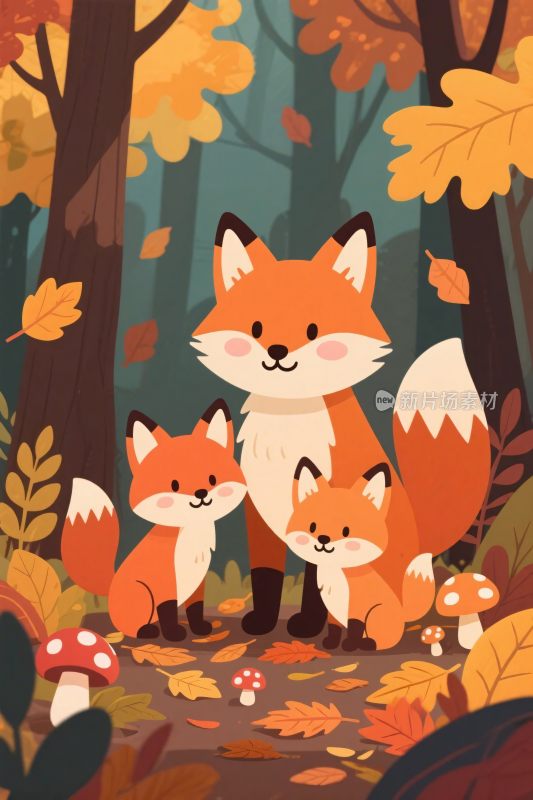 秋日森林的狐狸一家