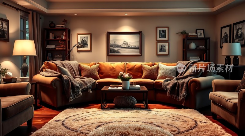 温馨客厅舒适沙发精美装饰温暖灯光