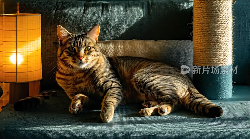 阳光下的蓝绿色沙发上慵懒的虎斑猫