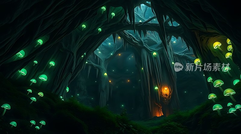 神秘洞穴中的荧光蘑菇世界