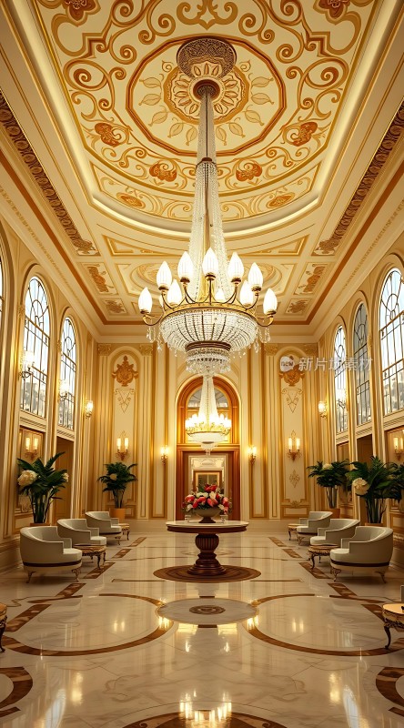 金色大厅华丽吊灯与精美装饰