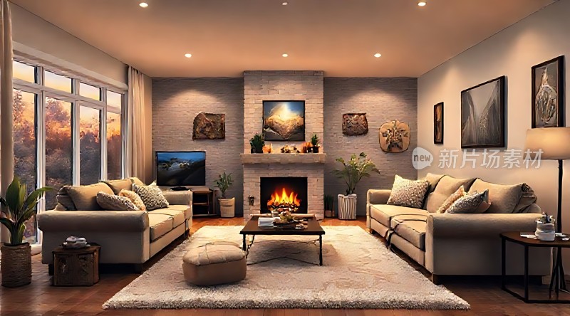 温馨客厅舒适沙发壁炉装饰自然光线现代简约风格