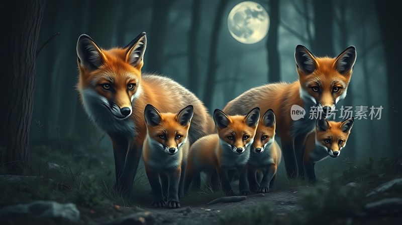 森林夜色中狐狸一家温馨同行