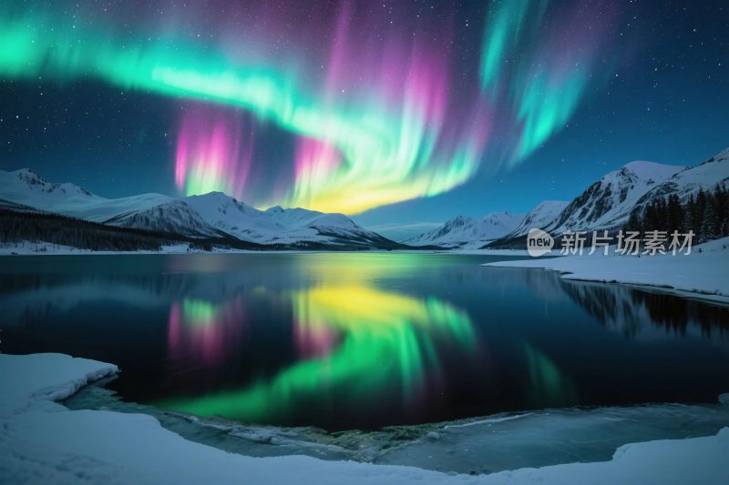 极光雪山冰湖风景