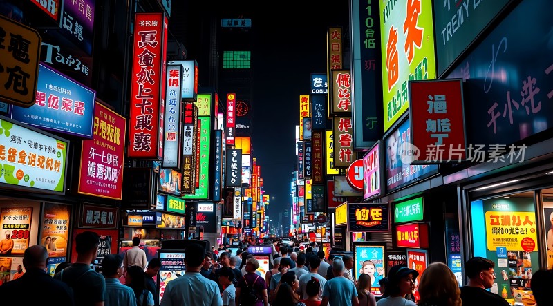 繁华都市夜景霓虹灯下的街头喧嚣