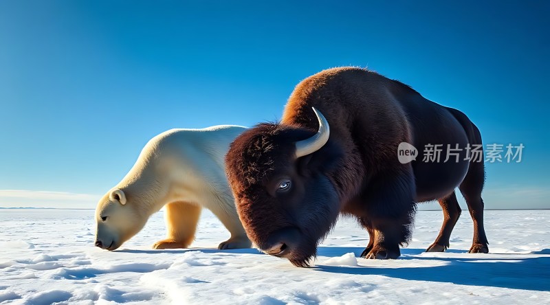 北极熊与野牛共舞冰雪世界