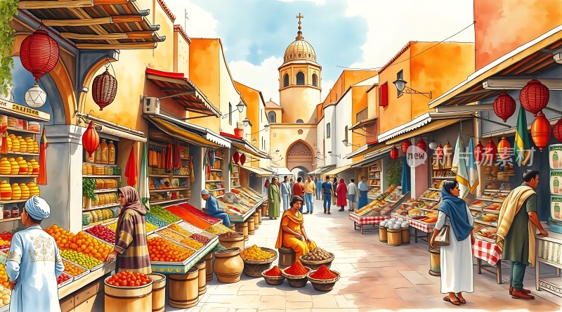 **异域风情集市色彩斑斓的商品与热闹的人群**
