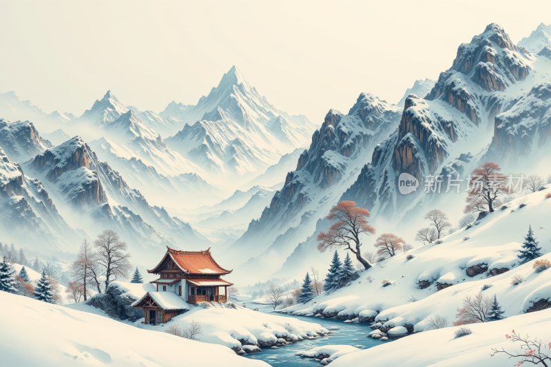 雪山景观房屋和溪流高清背景图片