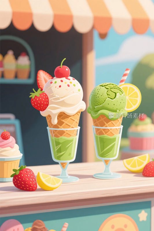冰淇淋甜筒插画场景