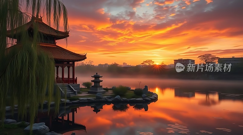 湖畔古亭映夕阳