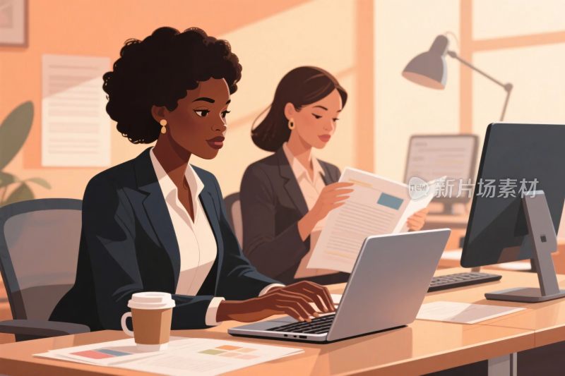 办公室女性办公插画