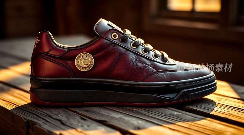 红色皮鞋金色徽章阳光下的时尚选择