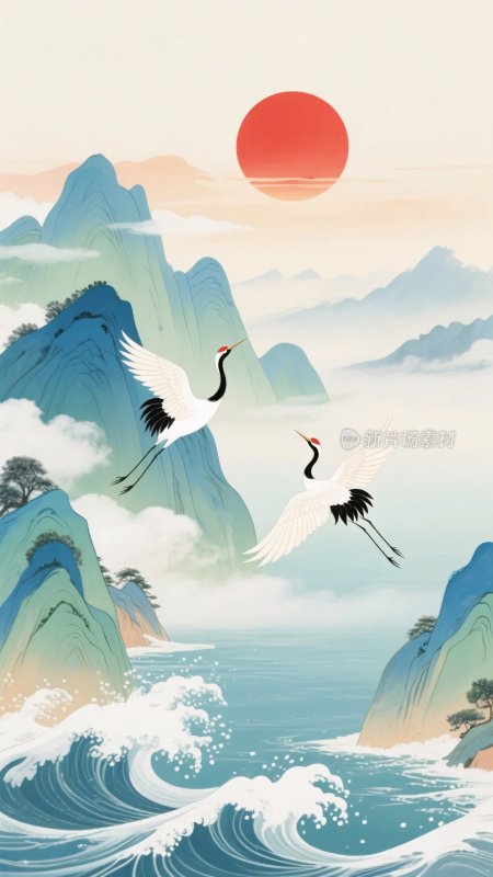 山水间双鹤伴红日飞翔