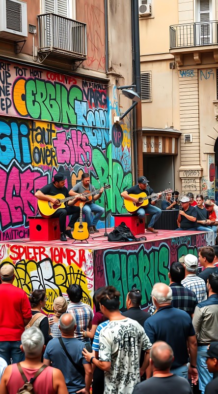 街头乐队激情演奏吸引众多观众驻足聆听