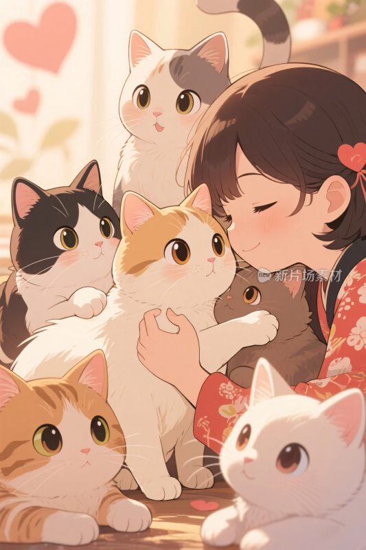 女孩抱多只猫咪插画